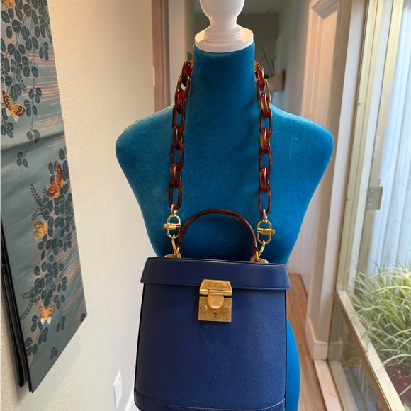 Mark Cross Saffiano Benchley Handbag - Tortoise Handle/Chain Strap - Navy - Picture 10 of 11